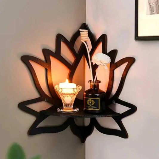 Decorative Wall Shelf
Bohemian Lotus Wooden Corner Shelf – Decorative Wall‑Mounted Display Rack